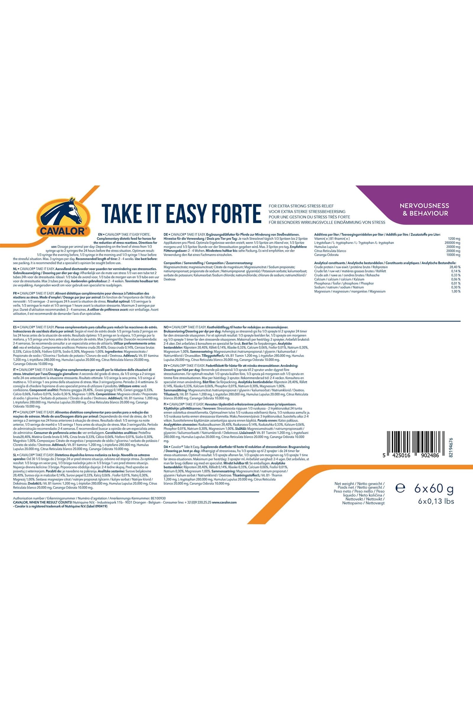 Cavalor Take It Easy Forte, Relaxation, (6x60g) Horse Feed & Nutrition